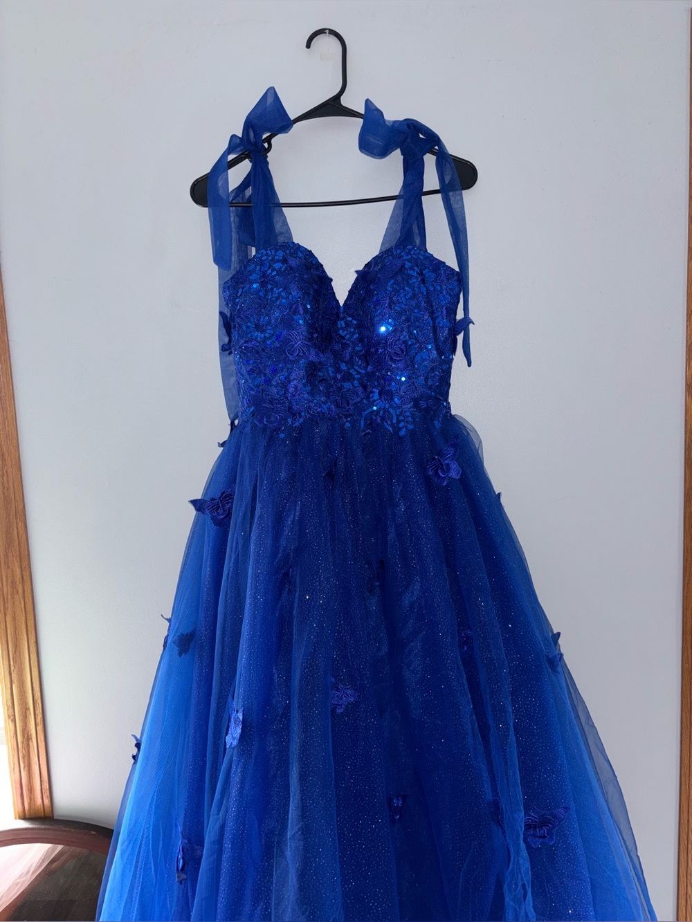 Blue Floral Sequin Tulle Maxi Dress with Tie Straps